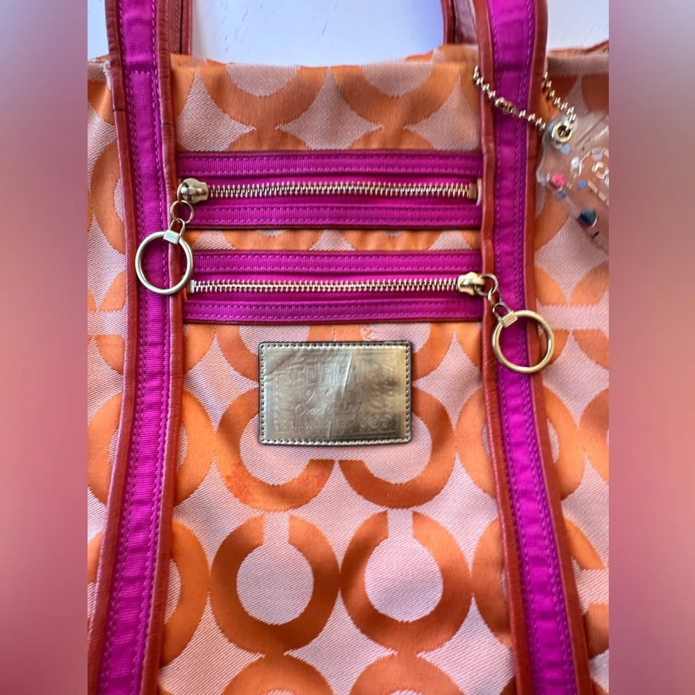 Coach Poppy OP Art Signature Jacquard Leather Orange/pink Tote Shoulder Bag - Picture 11 of 16